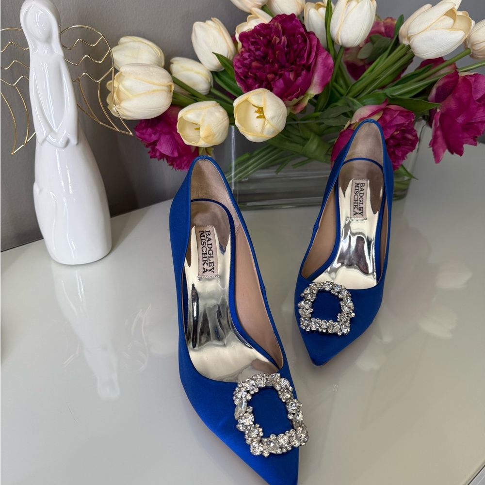 Badgley Mischka Blue Satin Heels with Sparkling Buckle - Picture 2 of 6